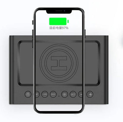 Versatile wireless charging Bluetooth speaker alarm clock with LED display, compact and sleek design.