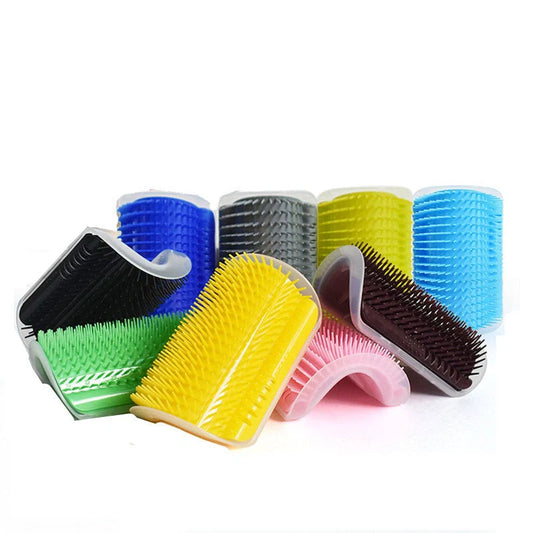 A cat grooming brush made of high-quality plastic, designed with a corner for your cat to rub its face and enjoy a self-massage.