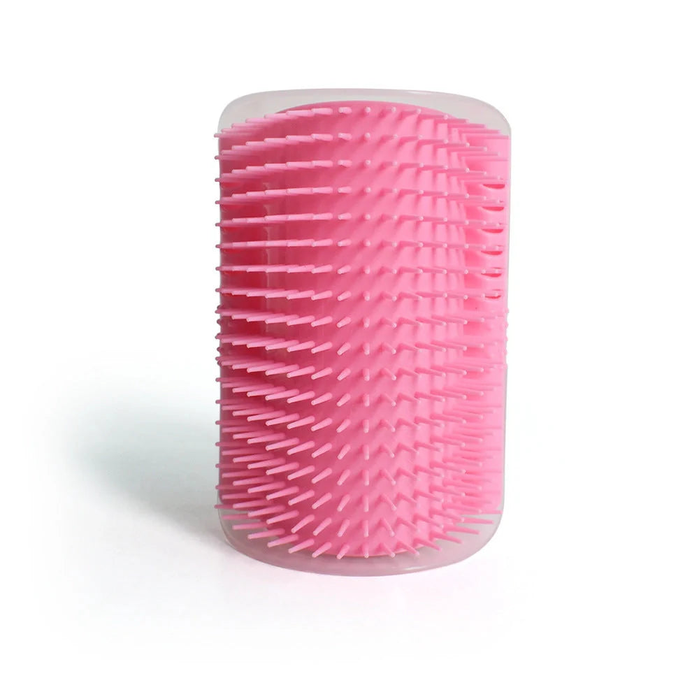 A cat grooming brush made of high-quality plastic, designed with a corner for your cat to rub its face and enjoy a self-massage.