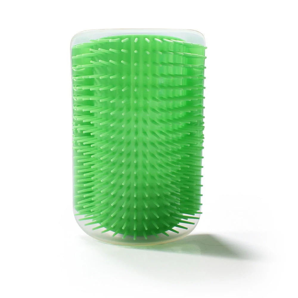 A cat grooming brush made of high-quality plastic, designed with a corner for your cat to rub its face and enjoy a self-massage.
