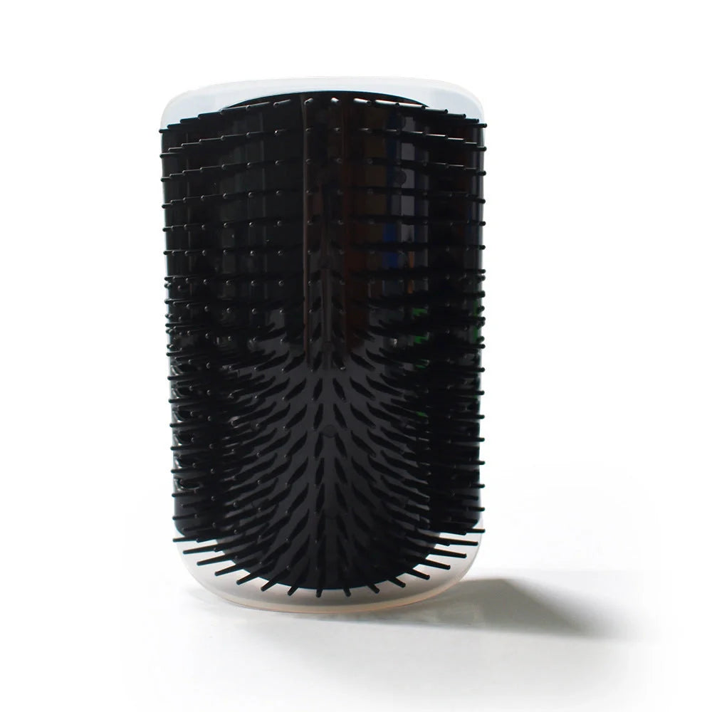 A cat grooming brush made of high-quality plastic, designed with a corner for your cat to rub its face and enjoy a self-massage.