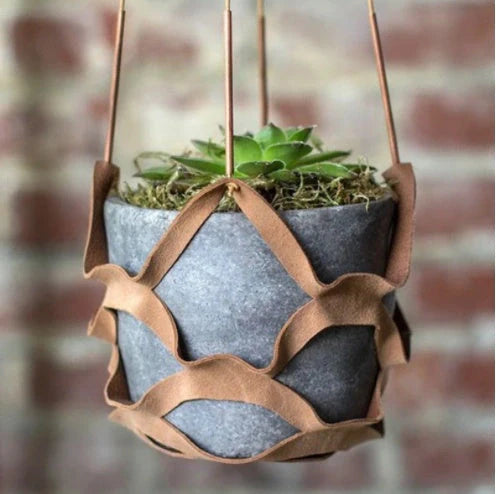 Handwoven cotton rope and PU leather wall hanging planter for small plants