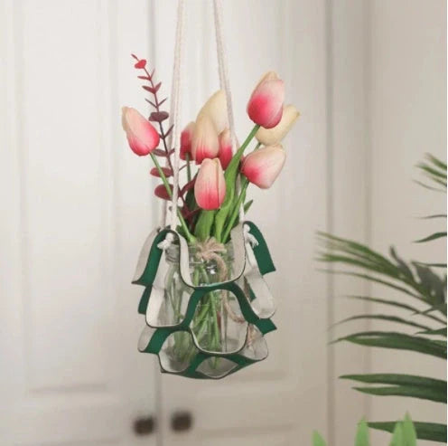Handwoven cotton rope and PU leather wall hanging planter for small plants