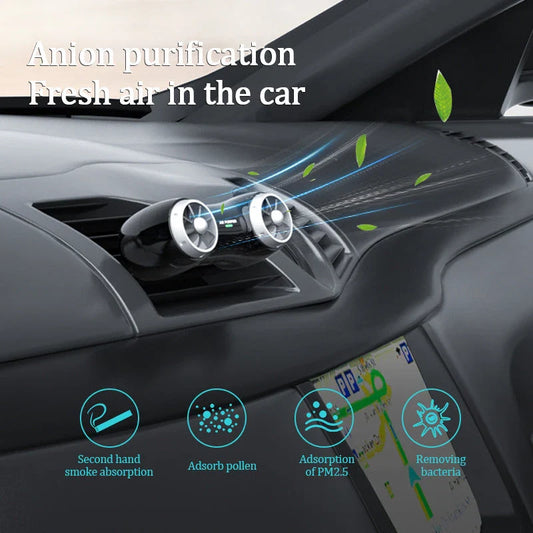 Premium car air purifier with pulse tip technology, double carbon brush, and negative ion generator for improved air quality and freshness in your vehicle.