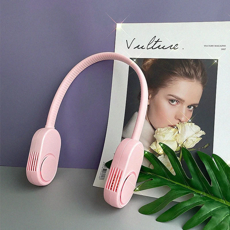 USB Rechargeable Bladeless Neck Fan in Navy Blue, White, and Pink