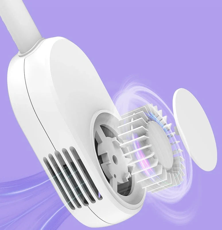 USB Rechargeable Bladeless Neck Fan in Navy Blue, White, and Pink