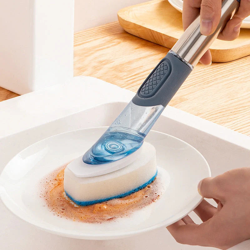 Multifunctional dish brush with soap dispenser and non-slip grip for efficient kitchen cleaning