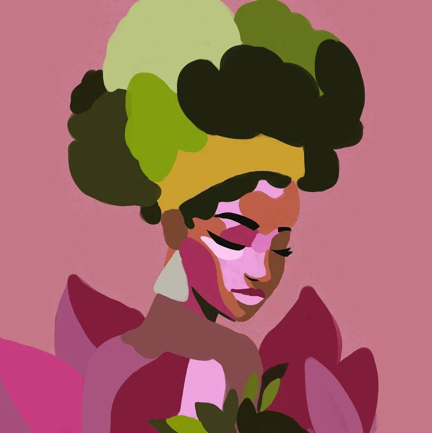 Vibrant African-inspired shower curtain with portrait of a beautiful African girl wearing earrings and bold hairstyle