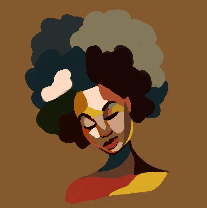 Vibrant African-inspired shower curtain with portrait of a beautiful African girl wearing earrings and bold hairstyle