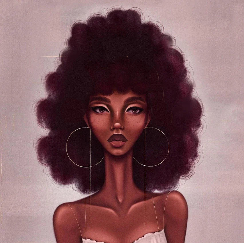 Vibrant African-inspired shower curtain with portrait of a beautiful African girl wearing earrings and bold hairstyle