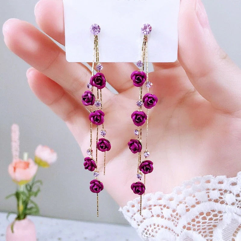 Wild Red Rose Rhinestone Tassel Earrings with 85mm length and electroplated alloy construction