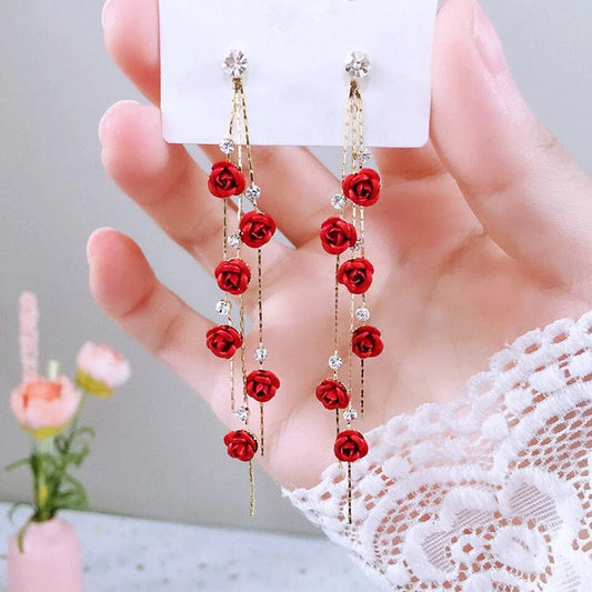 Wild Red Rose Rhinestone Tassel Earrings with 85mm length and electroplated alloy construction