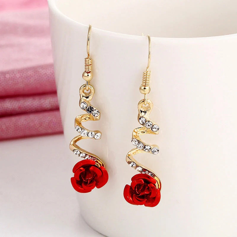 Wild Red Rose Rhinestone Tassel Earrings with 85mm length and electroplated alloy construction