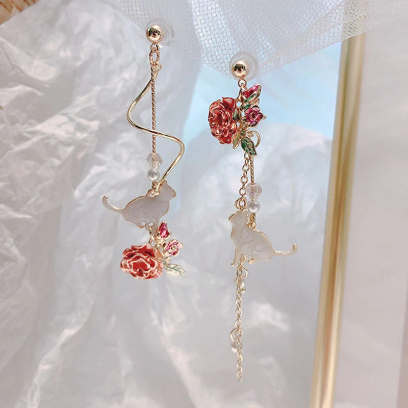 Wild Red Rose Rhinestone Tassel Earrings with 85mm length and electroplated alloy construction