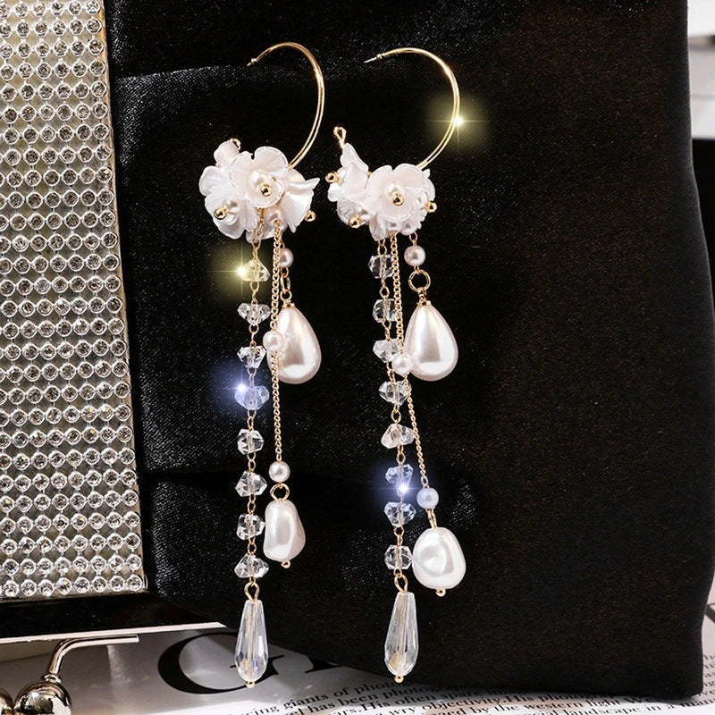 Wild Red Rose Rhinestone Tassel Earrings with 85mm length and electroplated alloy construction