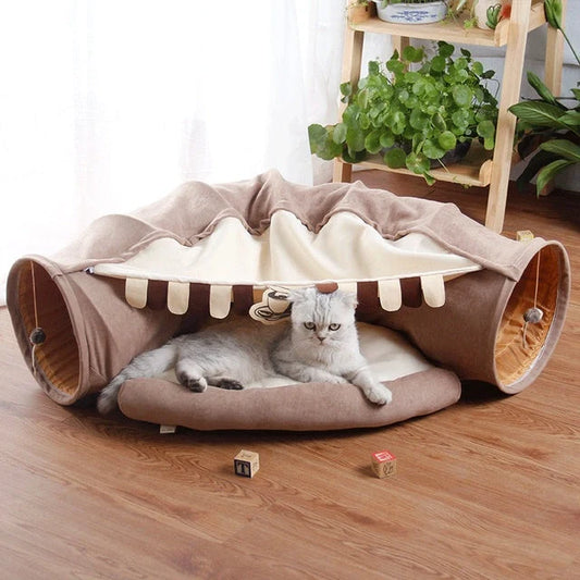 Collapsible cat tunnel with mat for interactive play and rest, available in multiple colours
