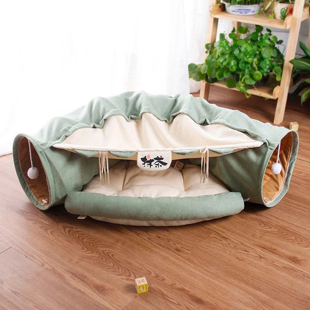 Collapsible cat tunnel with mat for interactive play and rest, available in multiple colours