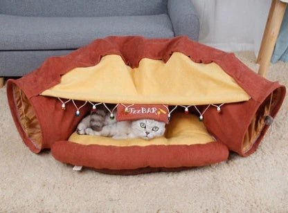 Collapsible cat tunnel with mat for interactive play and rest, available in multiple colours