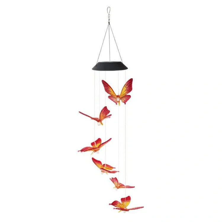 Solar-powered LED wind chime with colour-changing butterfly design for garden decor