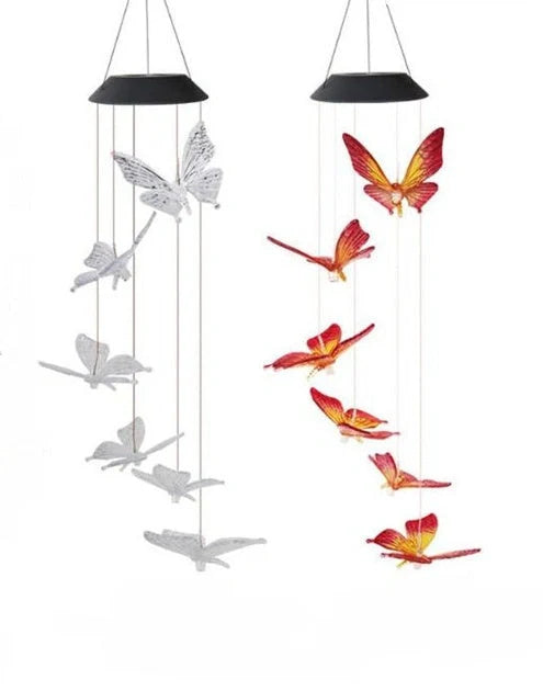 Solar-powered LED wind chime with colour-changing butterfly design for garden decor