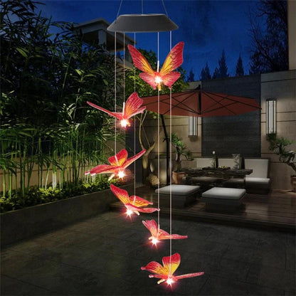 Solar-powered LED wind chime with colour-changing butterfly design for garden decor