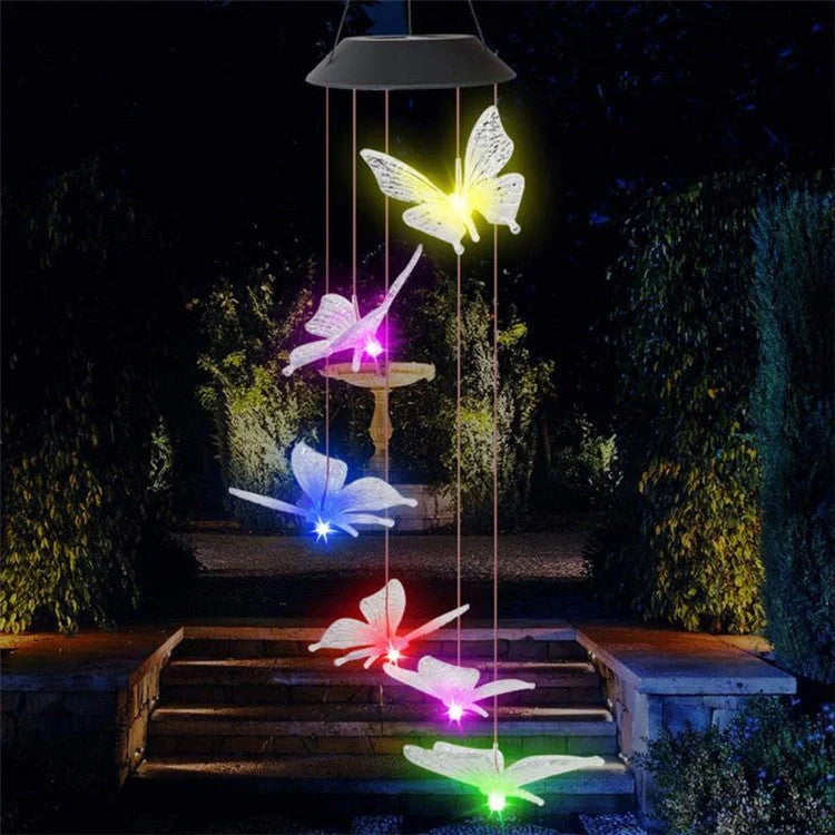 Solar-powered LED wind chime with colour-changing butterfly design for garden decor