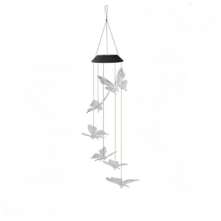 Solar-powered LED wind chime with colour-changing butterfly design for garden decor