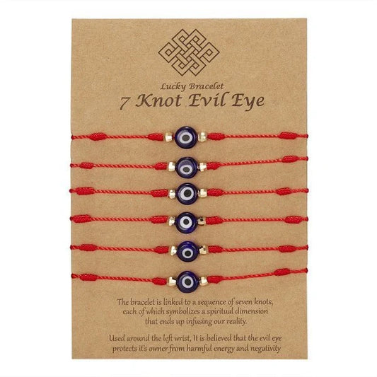 Braided evil eye bracelet set with 7-knot design for luck and protection, adjustable for all wrist sizes.