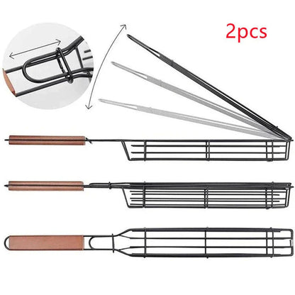 Premium stainless steel BBQ grill basket with rotary lid, wooden handle, and versatile design for outdoor cooking