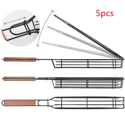 Premium stainless steel BBQ grill basket with rotary lid, wooden handle, and versatile design for outdoor cooking