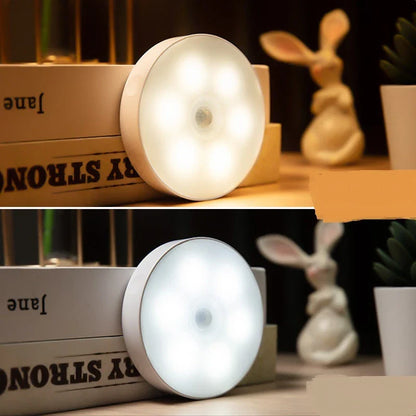Motion-activated LED puck lights in warm and white color options, with various pack sizes and USB recharging