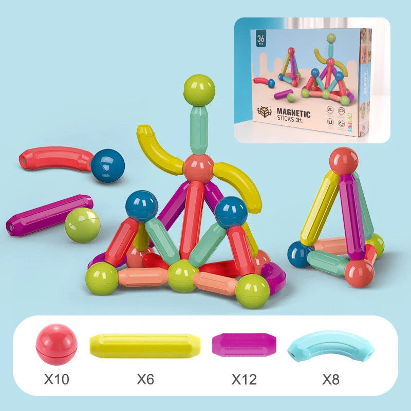 Versatile magnetic construction set with various building blocks and rods, allowing children to create imaginative structures and models