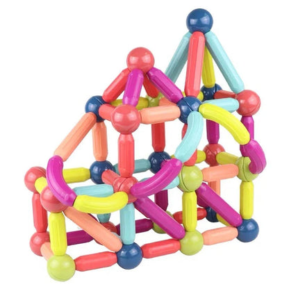 Versatile magnetic construction set with various building blocks and rods, allowing children to create imaginative structures and models