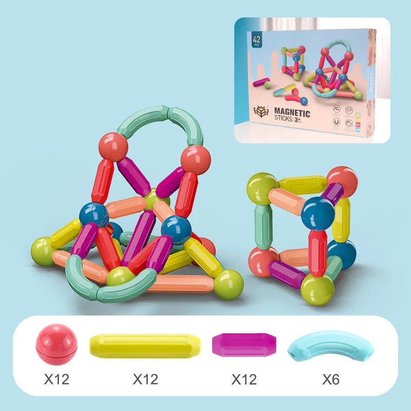 Versatile magnetic construction set with various building blocks and rods, allowing children to create imaginative structures and models