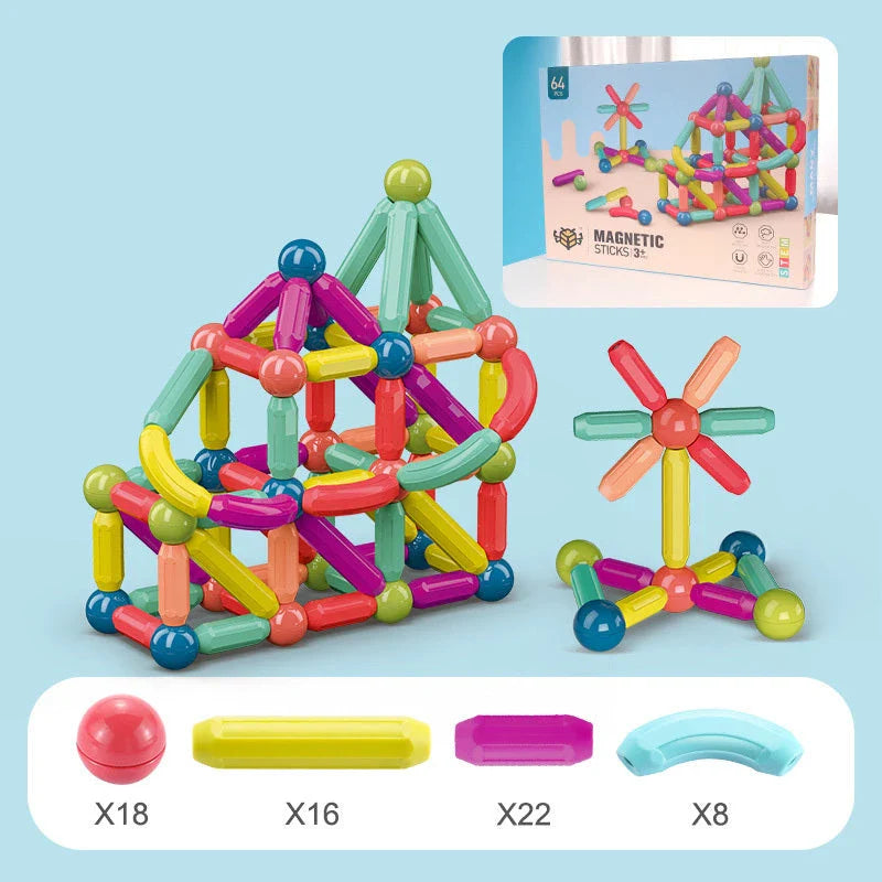 Versatile magnetic construction set with various building blocks and rods, allowing children to create imaginative structures and models