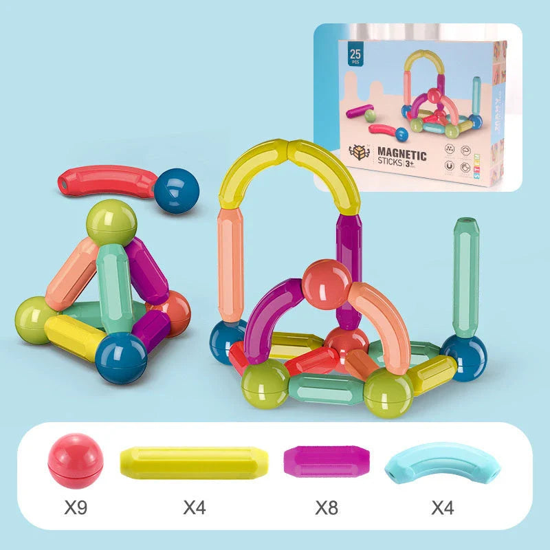 Versatile magnetic construction set with various building blocks and rods, allowing children to create imaginative structures and models