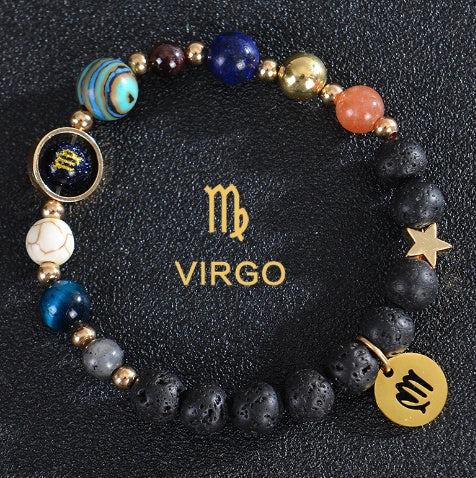 Frosted Stone Beaded Zodiac Bracelet featuring detailed zodiac signs on natural stone beads