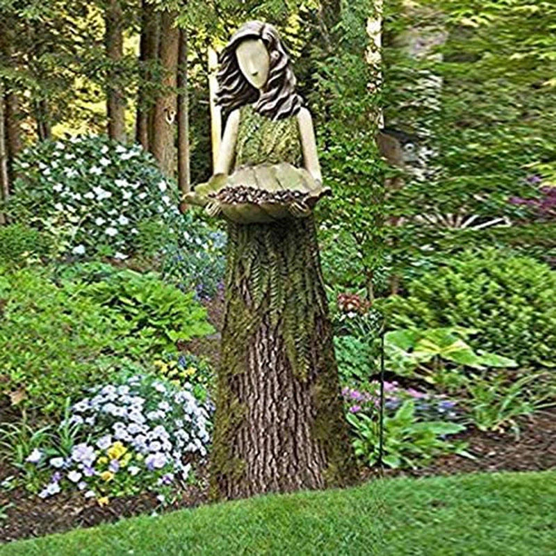 Sherwood Fern Fairy Statuary Resin Bird Feeder with leaf-shaped holder in garden setting
