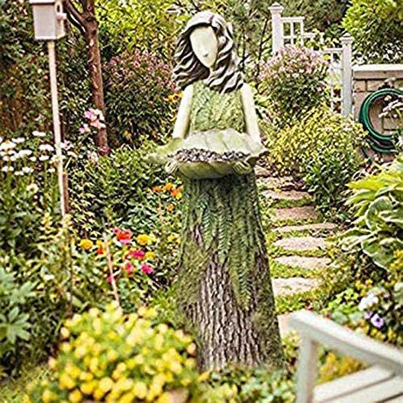 Sherwood Fern Fairy Statuary Resin Bird Feeder with leaf-shaped holder in garden setting