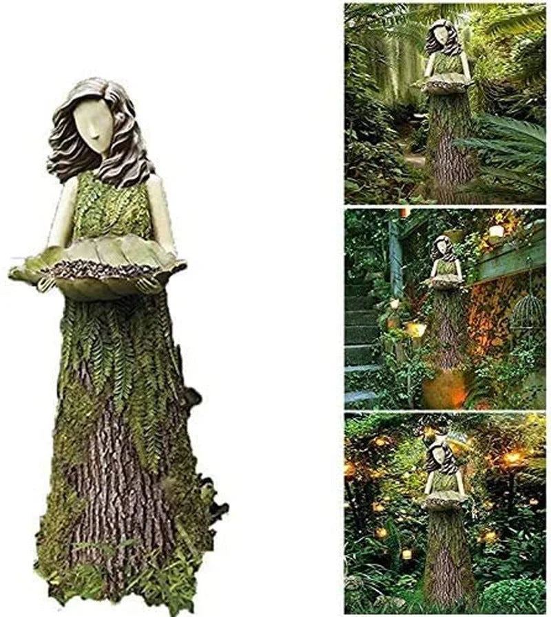 Sherwood Fern Fairy Statuary Resin Bird Feeder with leaf-shaped holder in garden setting