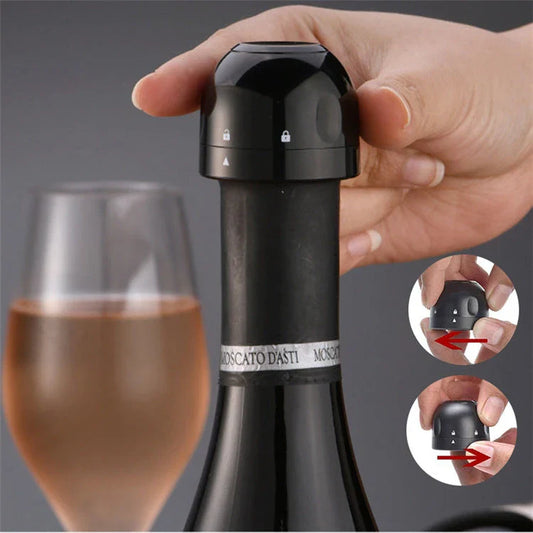 Premium silicone wine and champagne bottle stoppers in black colour, designed to create an airtight seal and lock in freshness