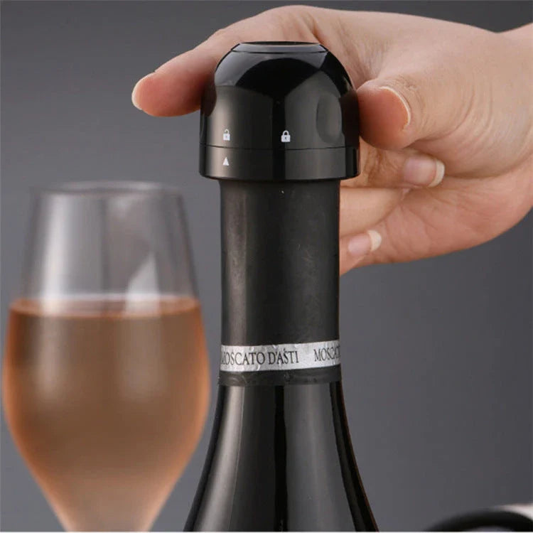 Premium silicone wine and champagne bottle stoppers in black colour, designed to create an airtight seal and lock in freshness