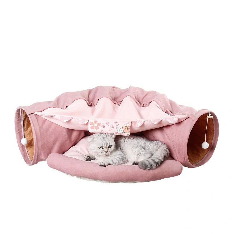 Collapsible cat tunnel with mat for interactive play and rest, available in multiple colours