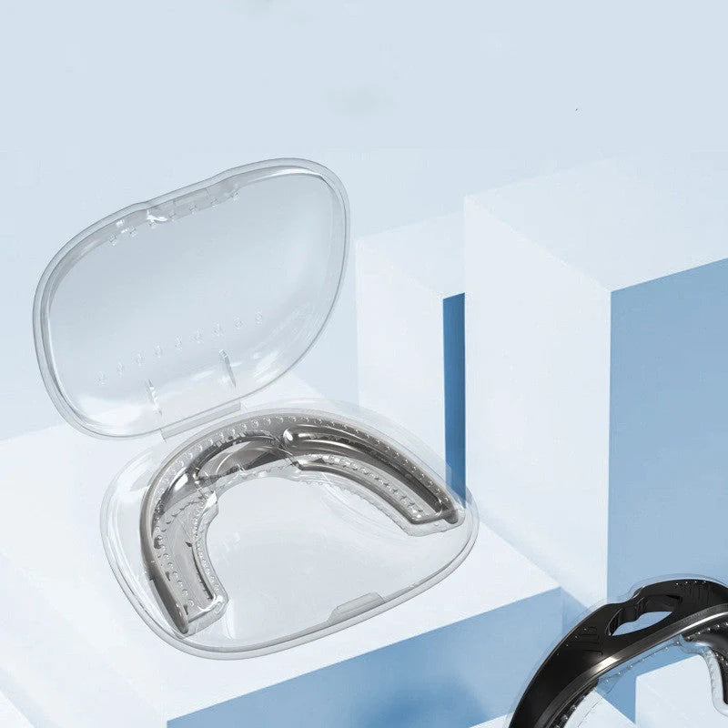 Anti-snoring device braces in white and black, made from food-grade silicone