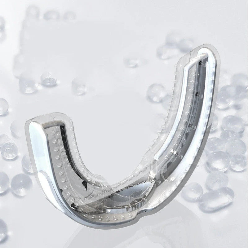 Anti-snoring device braces in white and black, made from food-grade silicone