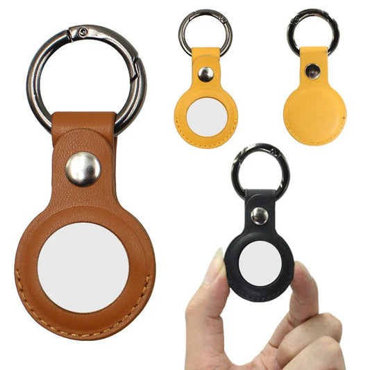 Premium leather AirTag keychain case in various colors, providing durable protection and stylish carry for your Apple tracking device