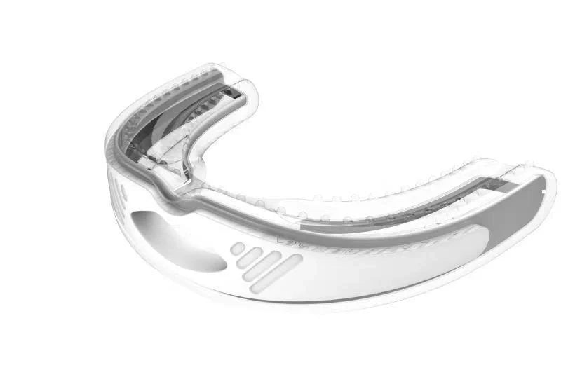 Anti-snoring device braces in white and black, made from food-grade silicone