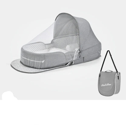 Multifunctional baby crib with sun protection and mosquito net, foldable for easy transport