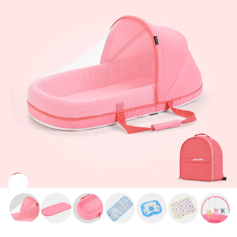 Multifunctional baby crib with sun protection and mosquito net, foldable for easy transport