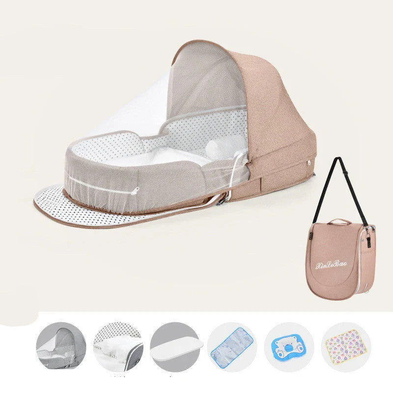 Multifunctional baby crib with sun protection and mosquito net, foldable for easy transport